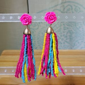 Urban Flair Multicolored Beaded Tassel Pierced Earrings Pink, Aqua, Yellow, Rose